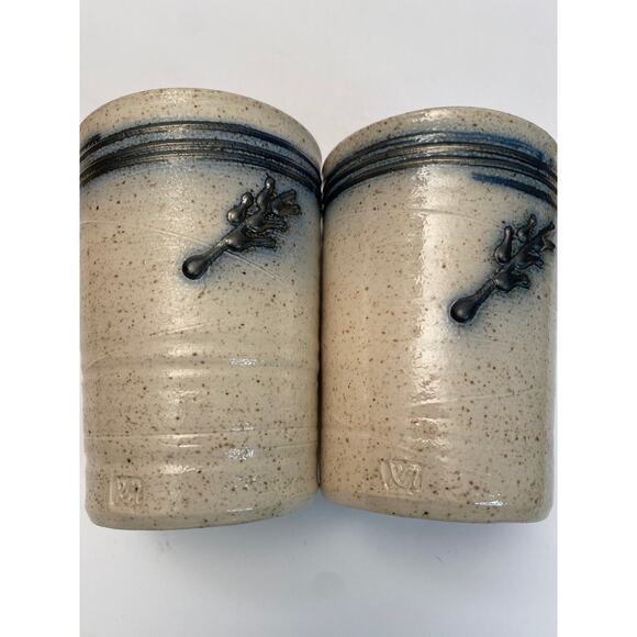 Hand Thrown Art Pottery Stoneware Tumblers Set signed RM Blue Leaf Textured Pair - Picture 8 of 9